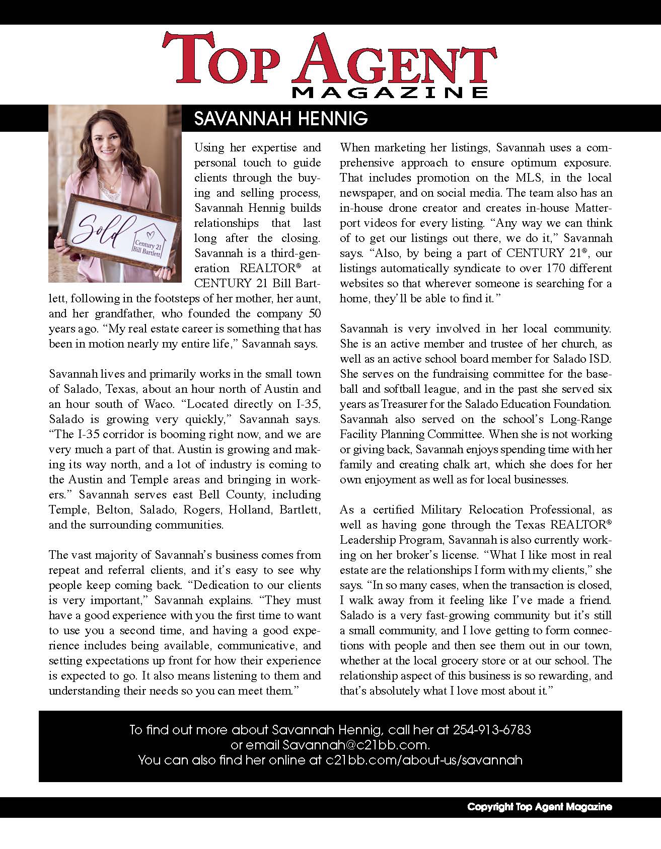 Savannah Hennig featured in Top Agent Magazine